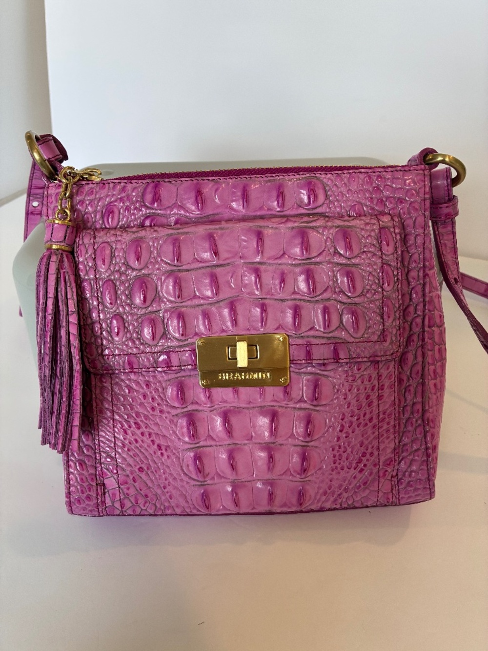 Brahmin Pink Melbourne Embossed Leather Crossbody Shoulder Bag Tassel Accent